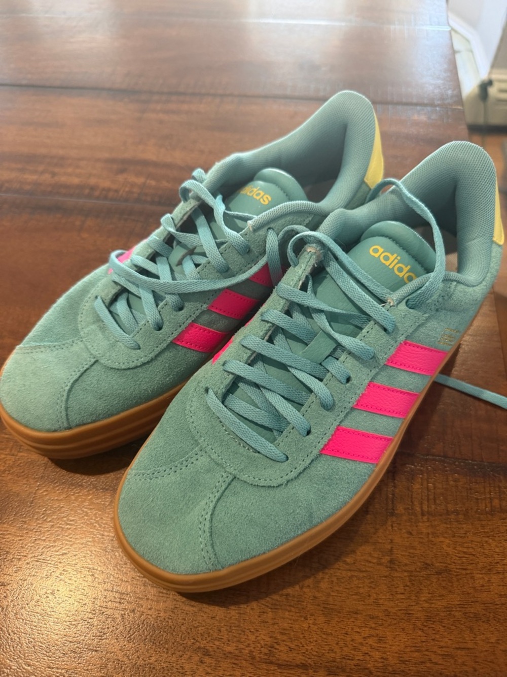adidas Teal Suede Sneakers with Pink Stripes and Gum Sole
